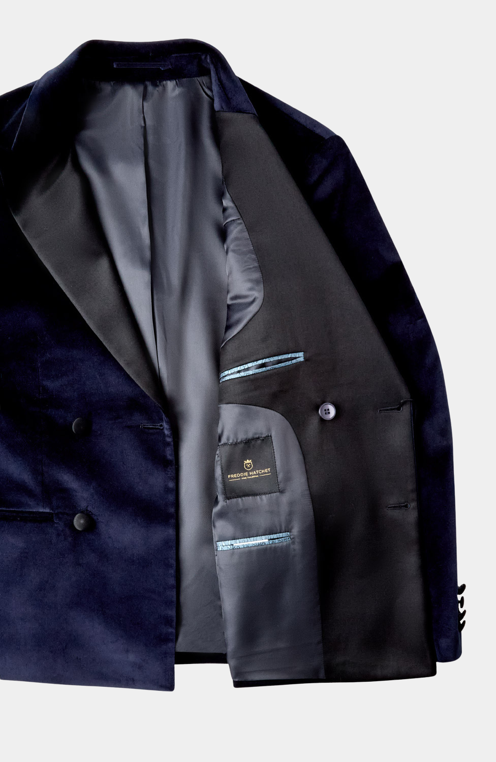 NAVY VELVET DOUBLE BREASTED TUXEDO JACKET