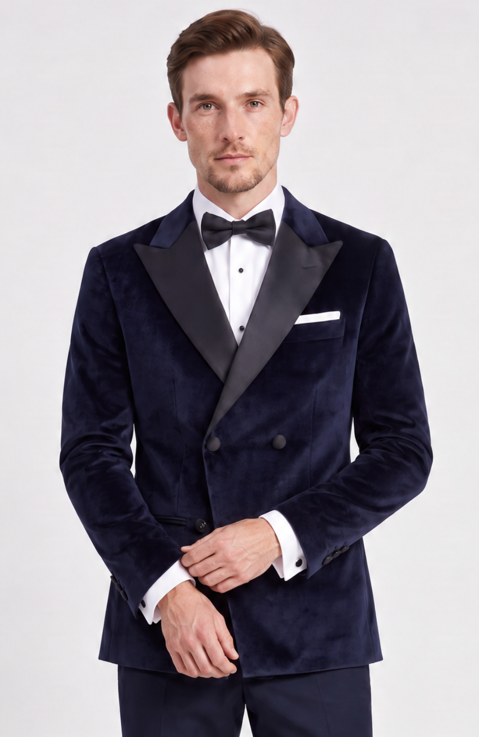 NAVY VELVET DOUBLE BREASTED TUXEDO JACKET
